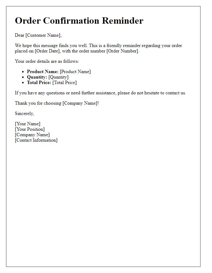 Letter template of order confirmation reminder