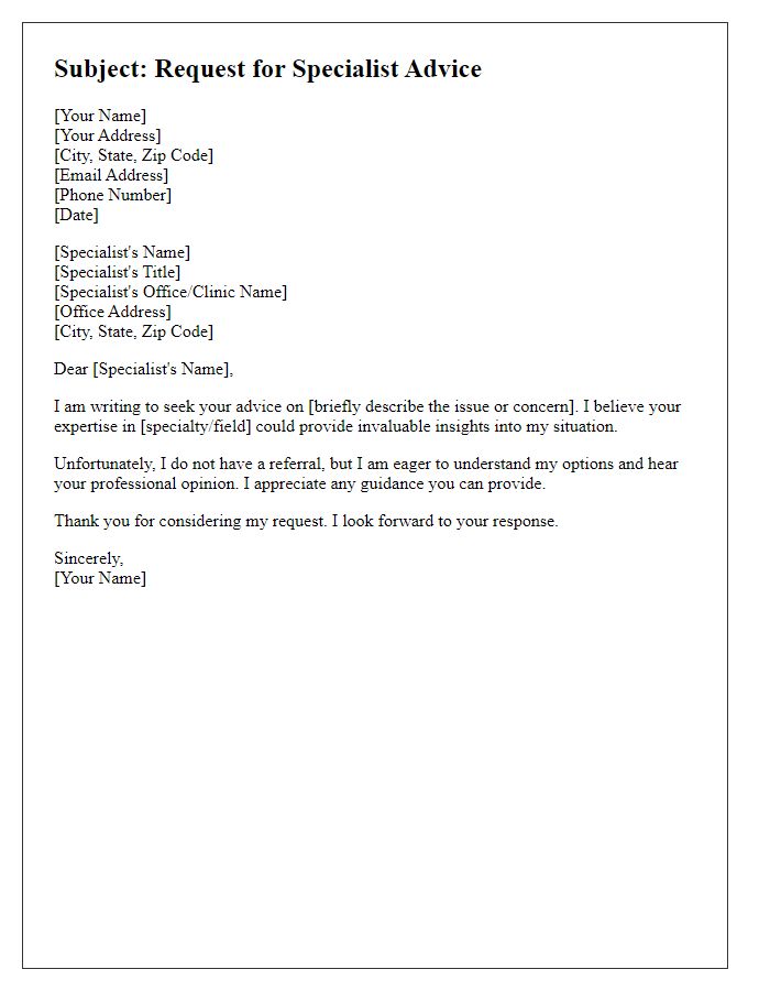 Letter template of seeking specialist advice without a referral