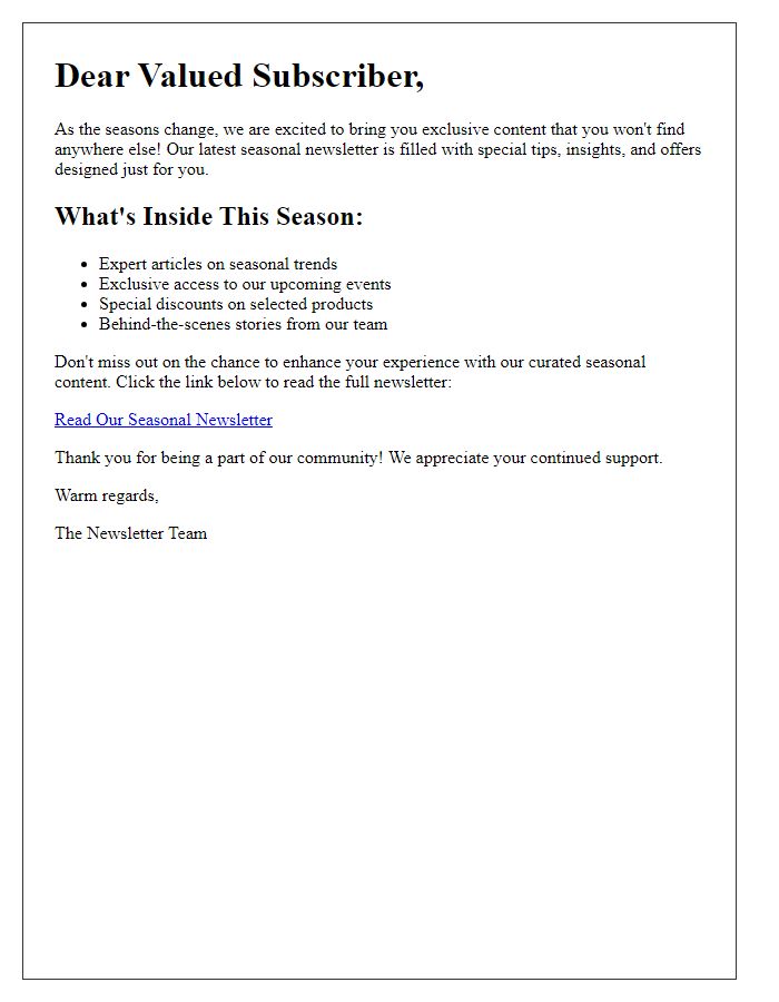 Letter template of seasonal newsletter exclusive content offer