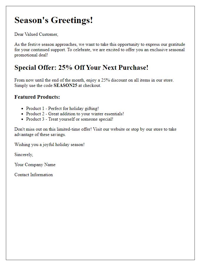 Letter template of seasonal newsletter promotional offer