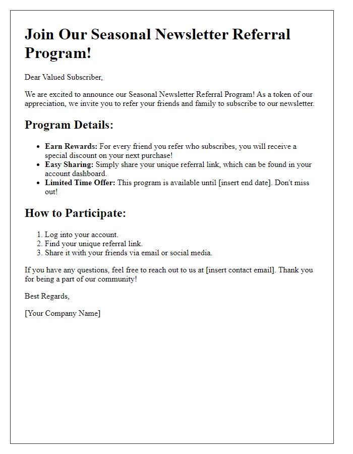 Letter template of seasonal newsletter referral program details