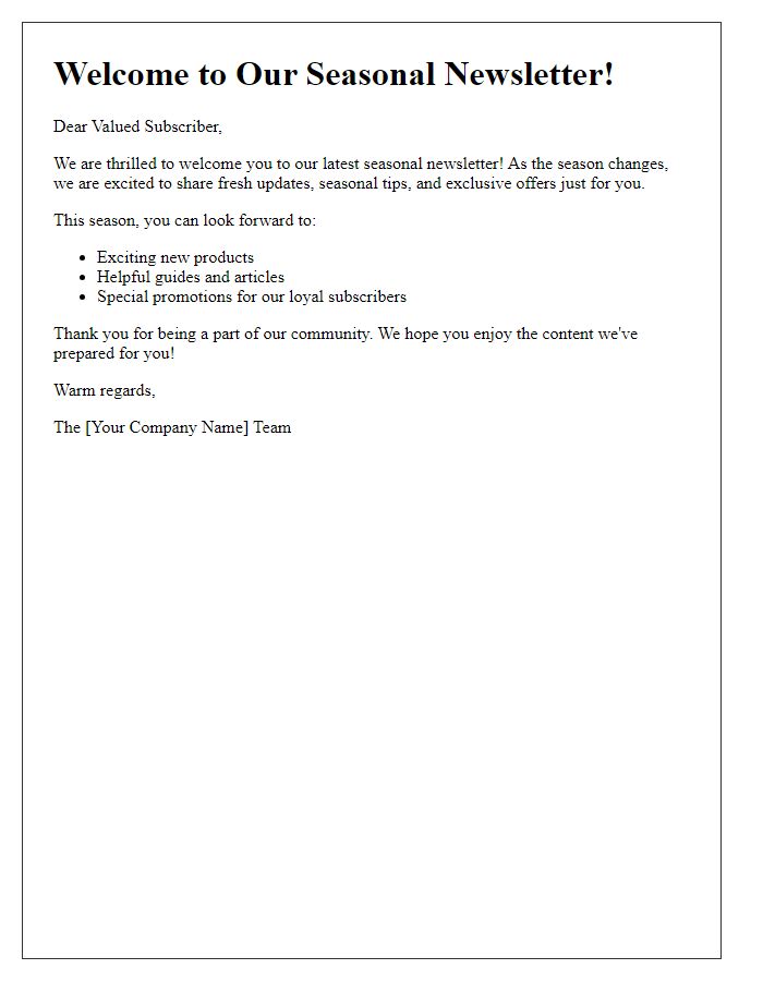 Letter template of seasonal newsletter welcome message