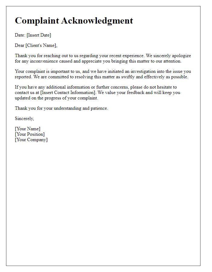 Letter template of acknowledging client complaints