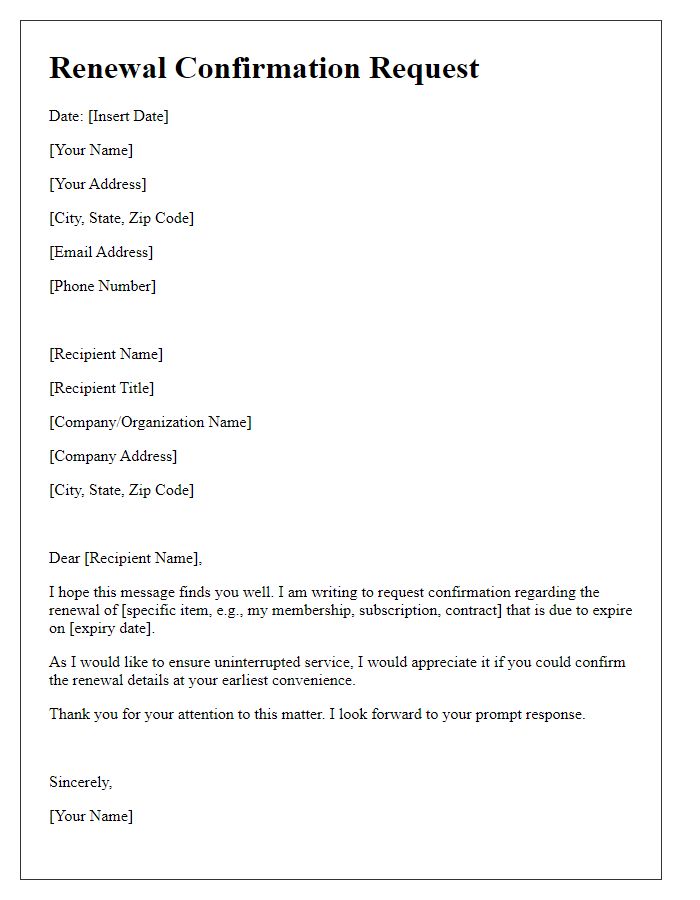 Letter template of renewal confirmation request