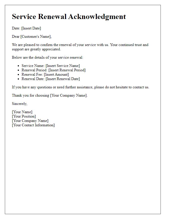 Letter template of service renewal acknowledgment