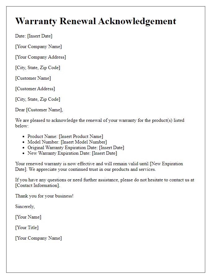 Letter template of warranty renewal acknowledgement