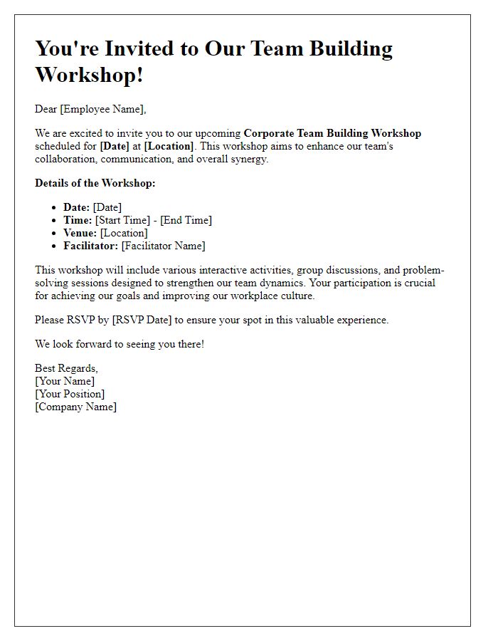 Letter template of Corporate Workshop Invitation for Team Building