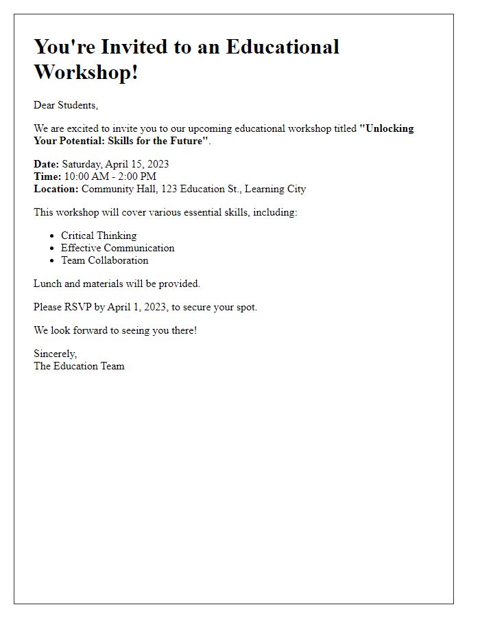 Letter template of Educational Workshop Invitation for Students