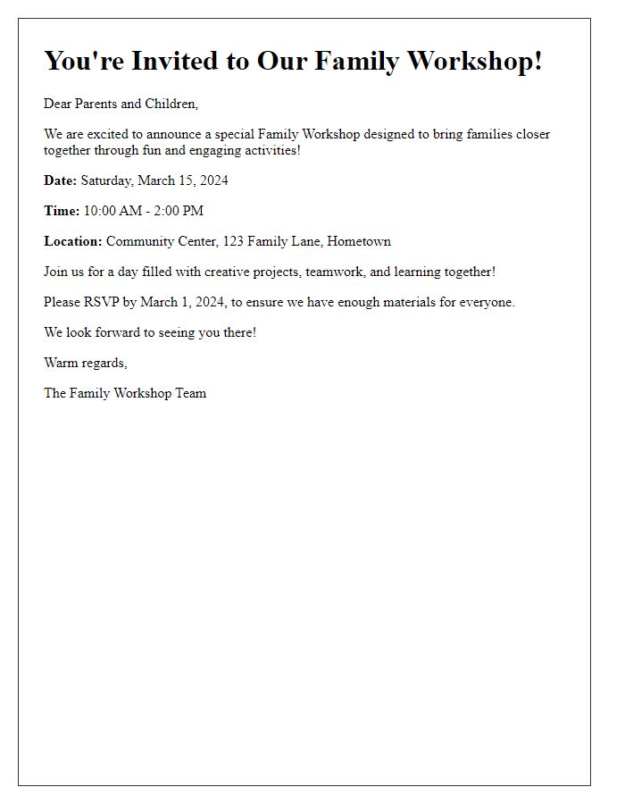 Letter template of Family Workshop Invitation for Parents and Children