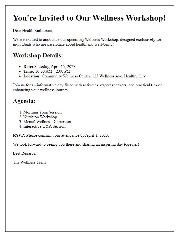 Letter template of Wellness Workshop Invitation for Health Enthusiasts