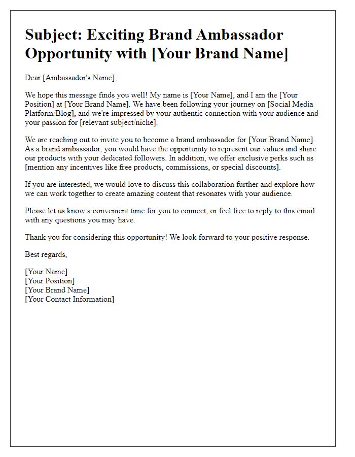 Letter template of brand ambassador outreach