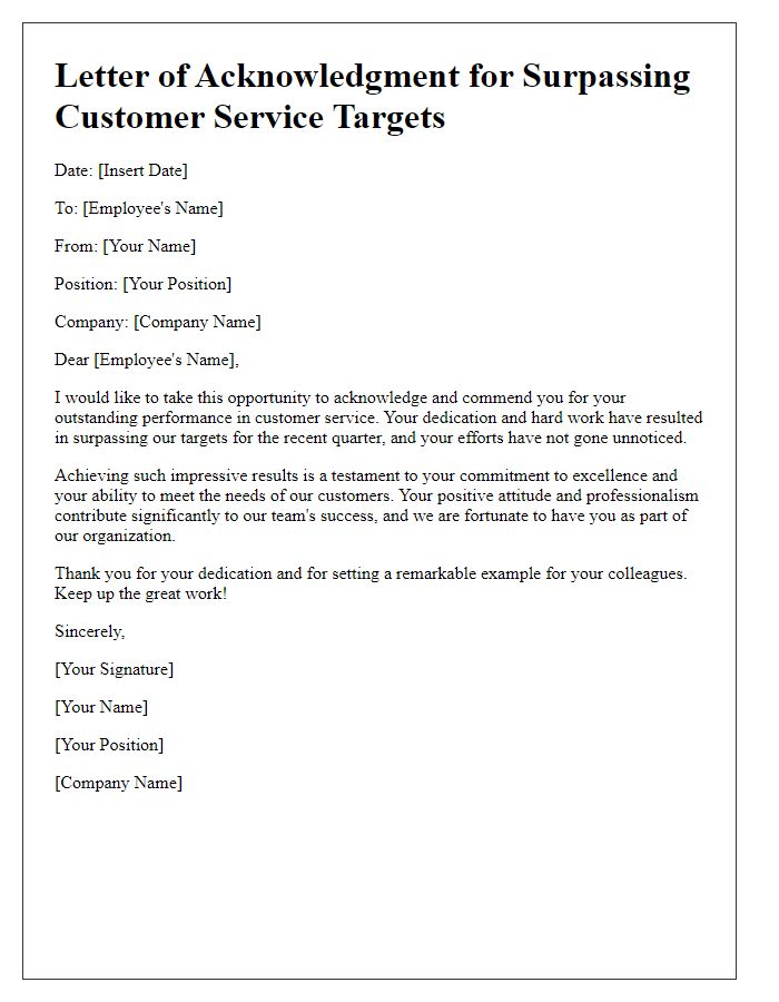 Letter template of acknowledgment for surpassing customer service targets