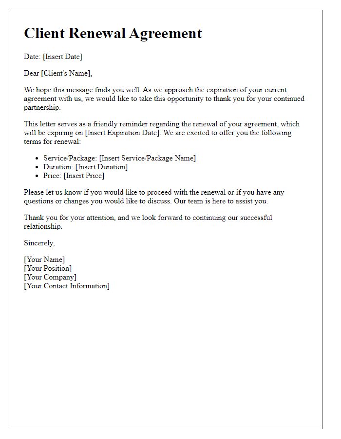 Letter template of Client Renewal Agreement Communication