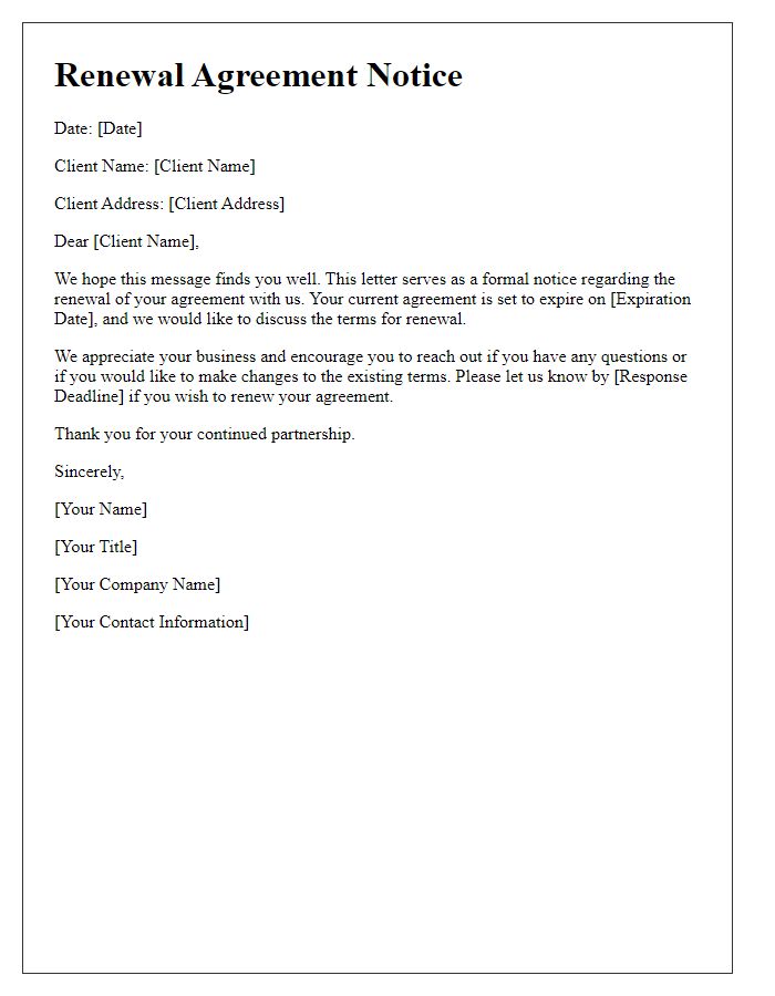 Letter template of Renewal Agreement Notice for Clients