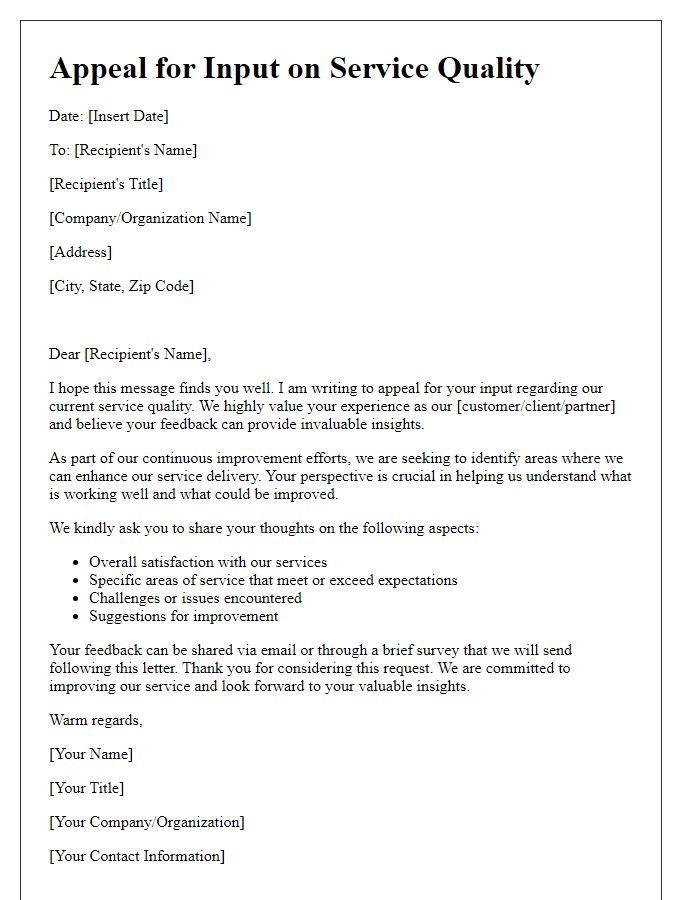 Letter template of appeal for input on service quality