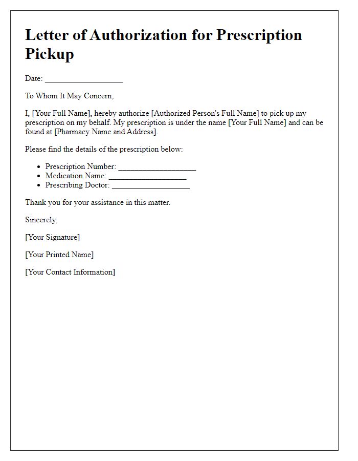 Letter template of assignment for authorized prescription pickup