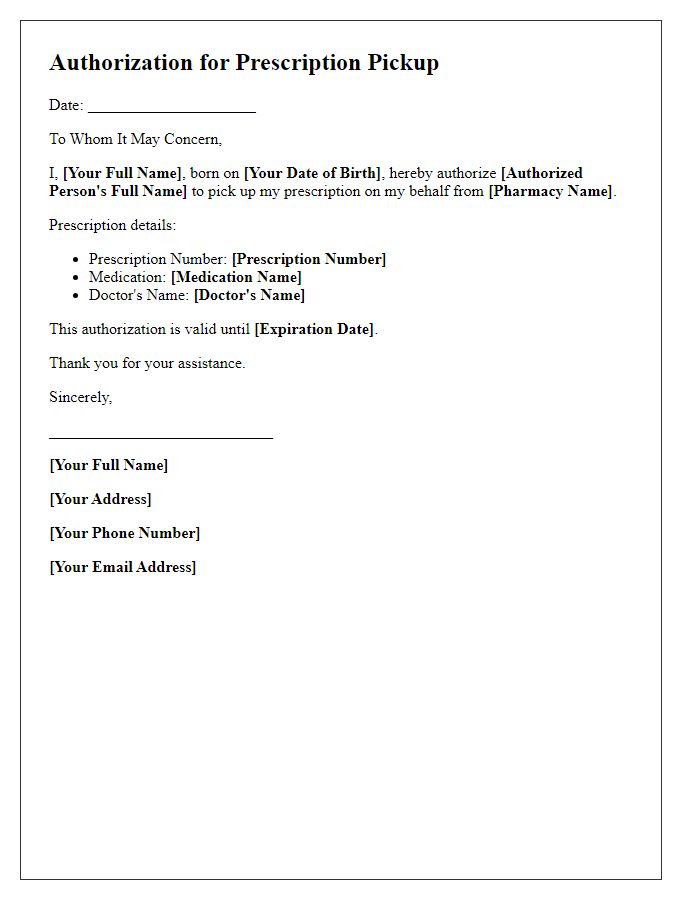 Letter template of authorization for prescription pickup