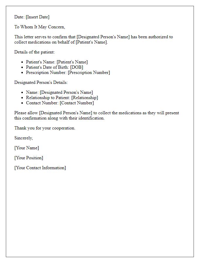 Letter template of confirmation for designated person to collect meds