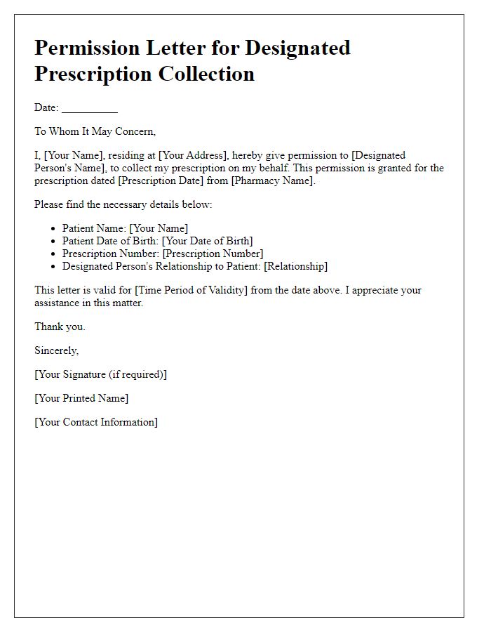 Letter template of permission for designated prescription collection