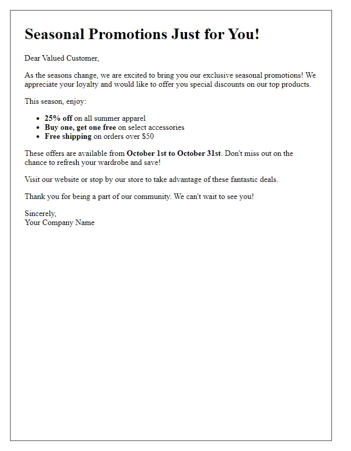 Letter template of customer engagement for seasonal promotions