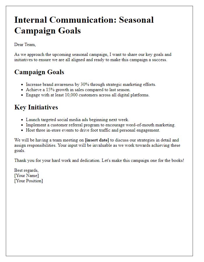 Letter template of internal communication for seasonal campaign goals