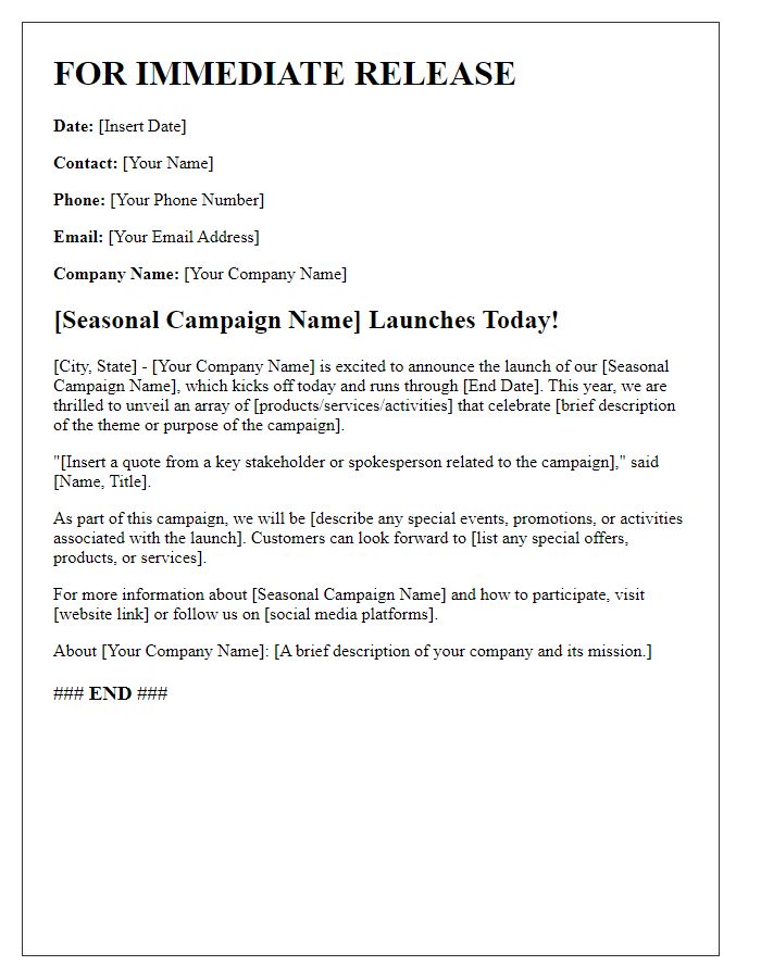 Letter template of media release for seasonal campaign launch