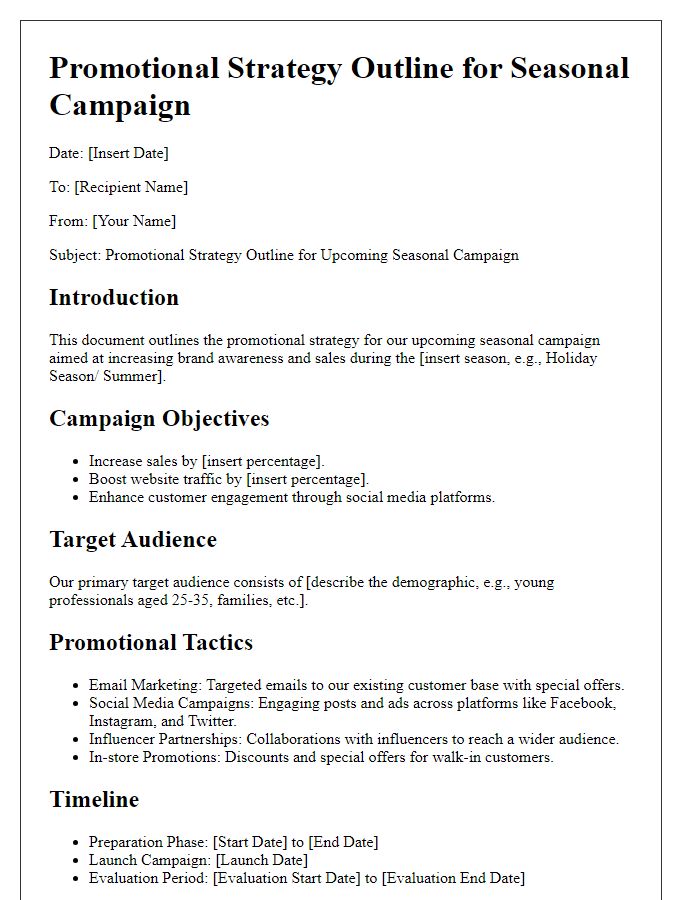 Letter template of promotional strategy outline for seasonal campaign