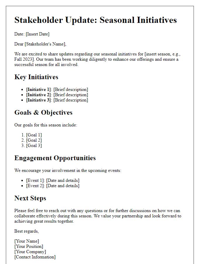 Letter template of stakeholder update for seasonal initiatives