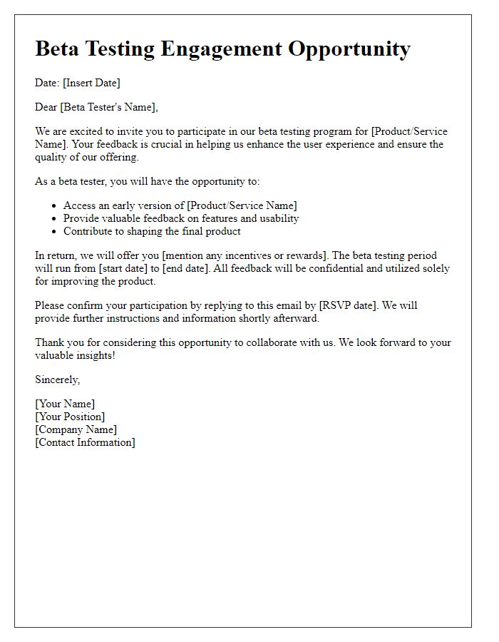 Letter template of engagement in beta testing opportunity.