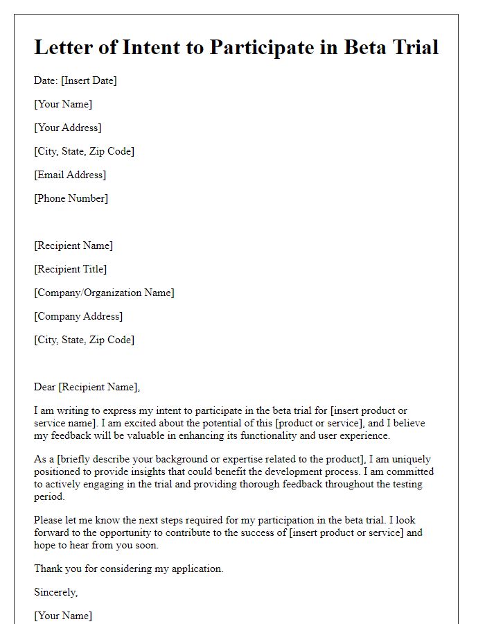 Letter template of intent to take part in beta trial.
