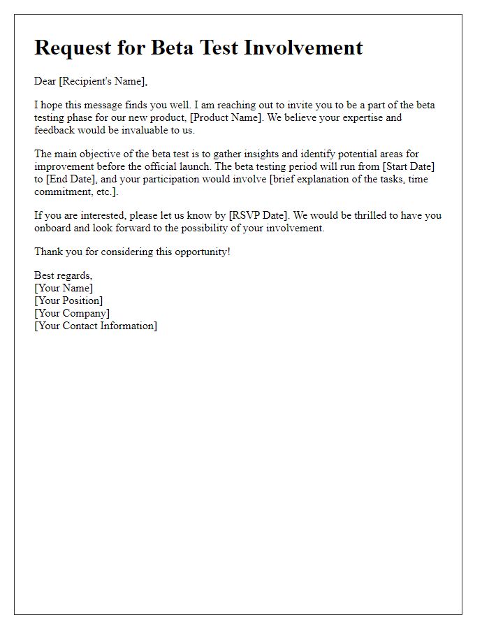 Letter template of request for beta test involvement.