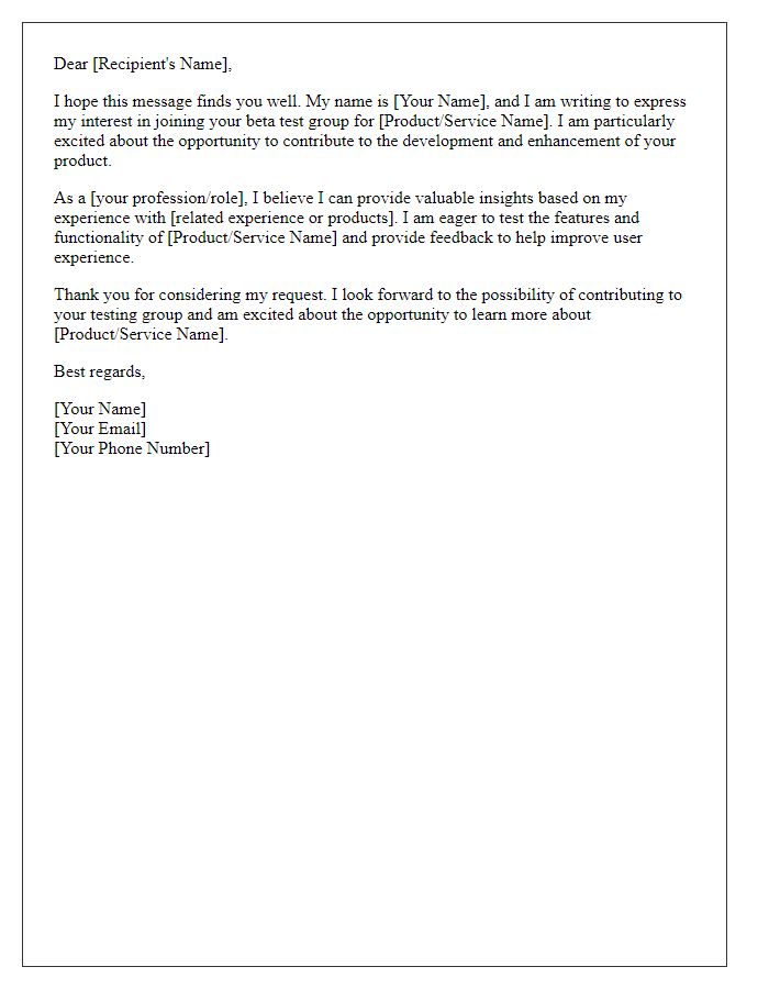 Letter template of request to join beta test group.