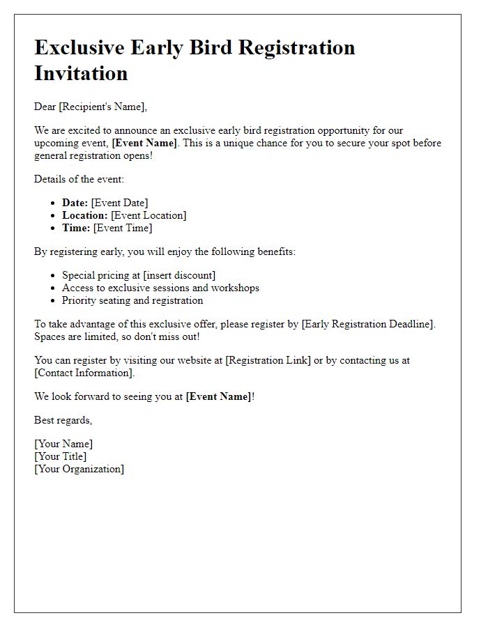 Letter template of exclusive early bird registration invitation.