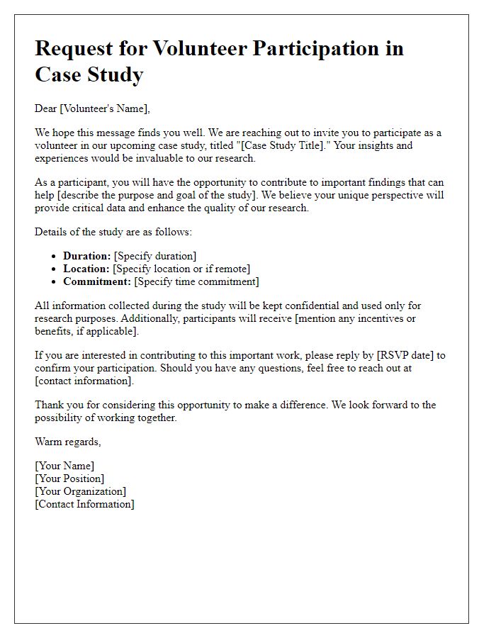 Letter template of case study contribution solicitation for volunteers.