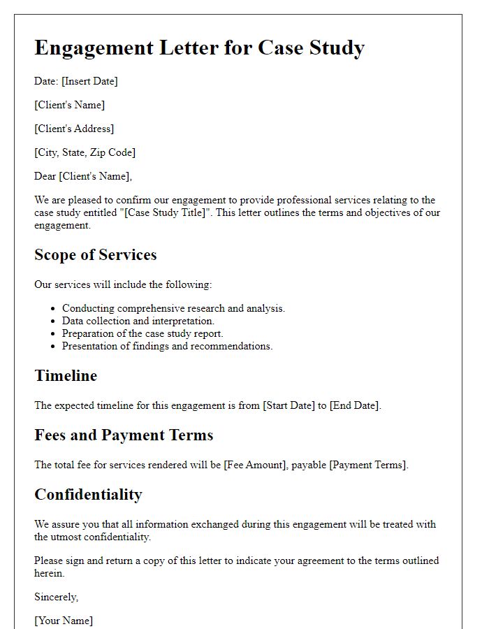 Letter template of case study engagement letter for professionals.