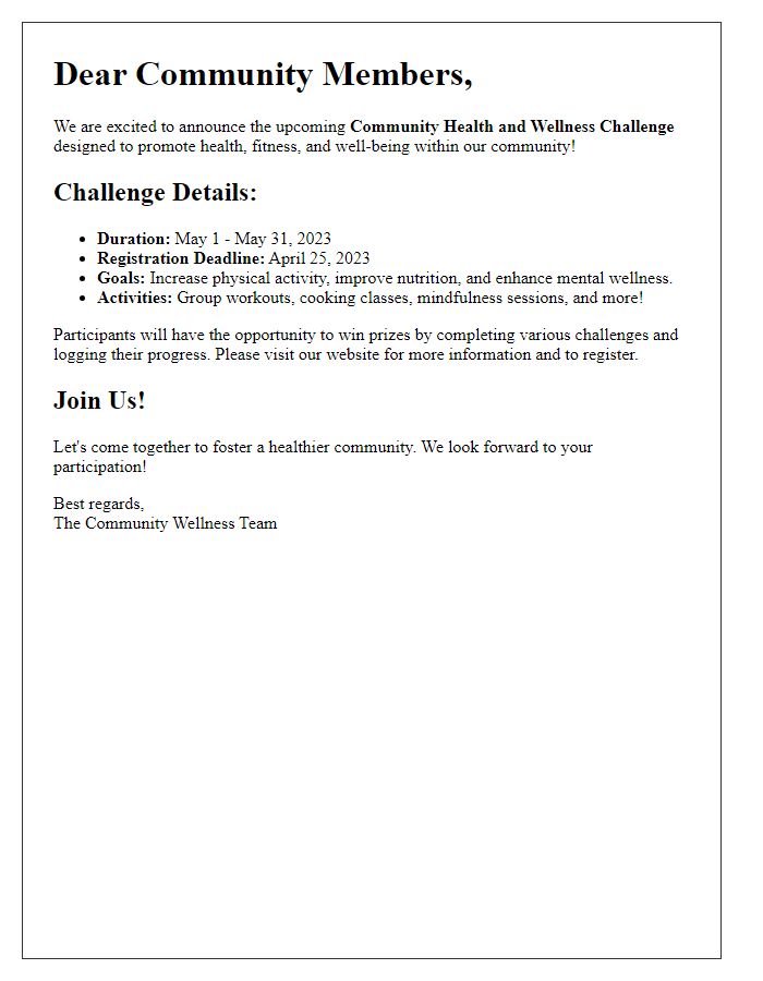 Letter template of community health and wellness challenge details