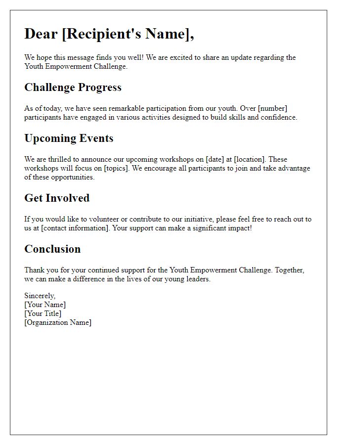 Letter template of youth empowerment challenge update