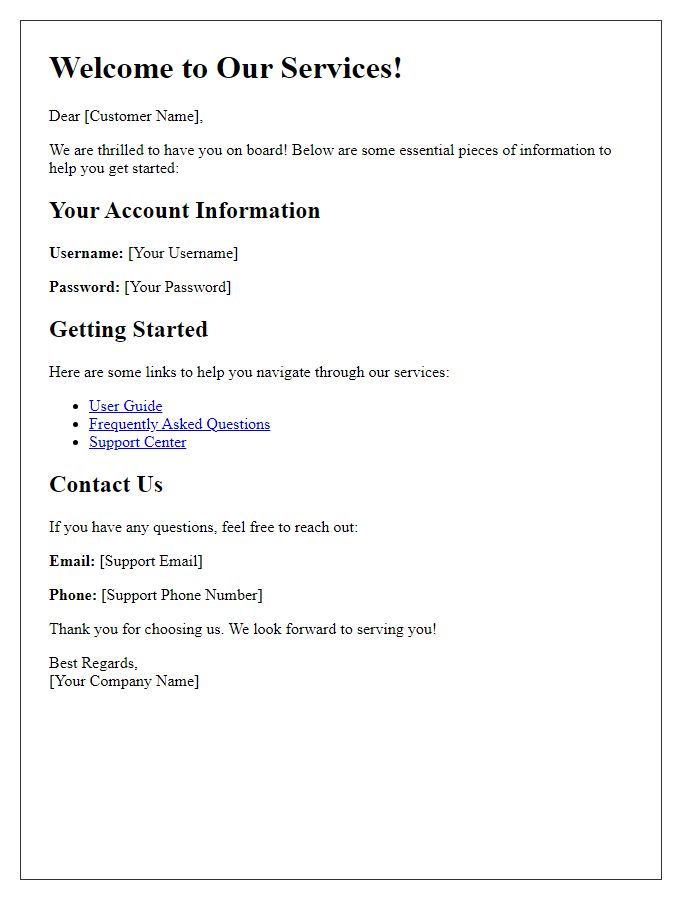 Letter template of essential information for newly onboarded customers