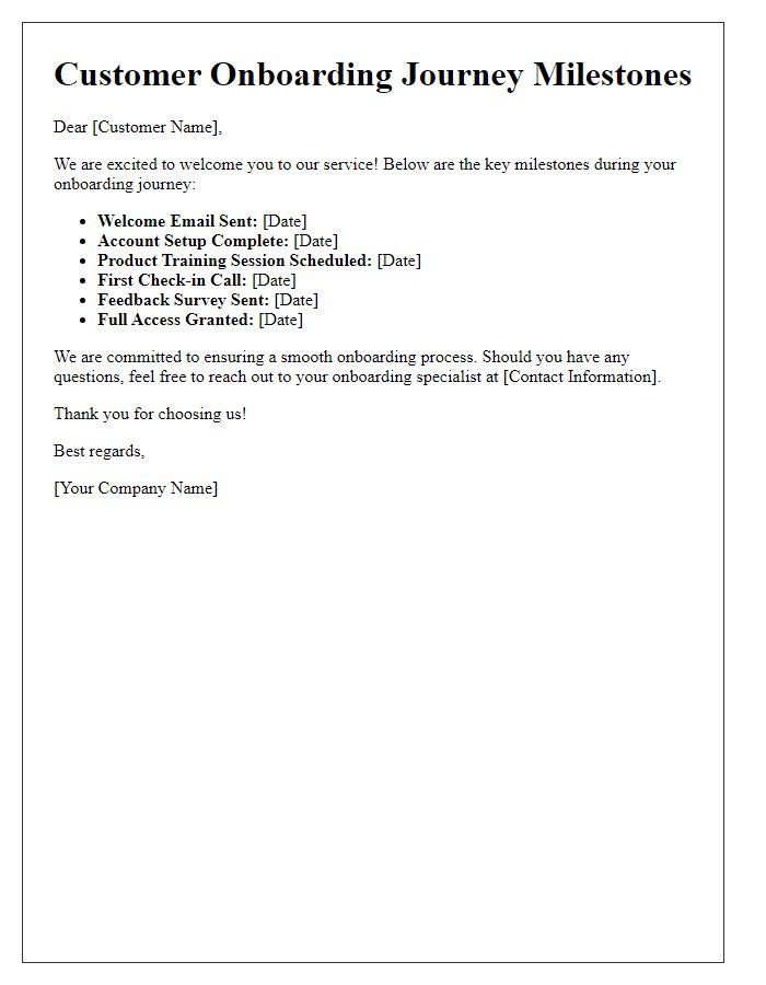 Letter template of milestones during the customer onboarding journey