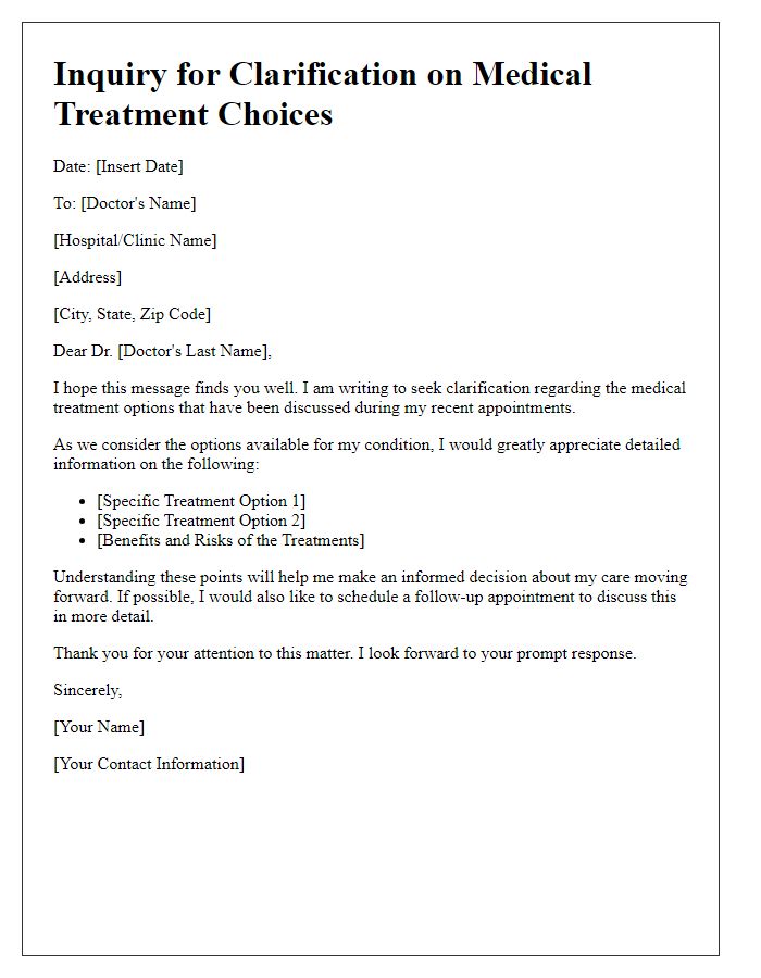 Letter template of inquiry for clarification on medical treatment choices