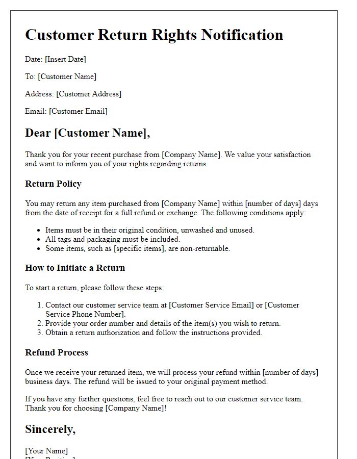 Letter template of customers rights on returns.