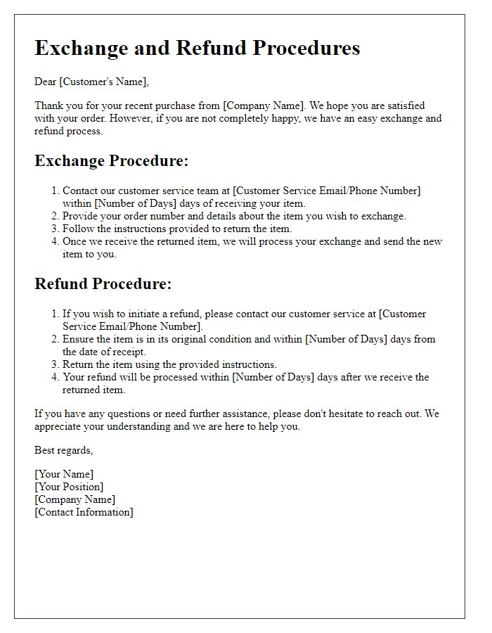 Letter template of exchange and refund procedures.