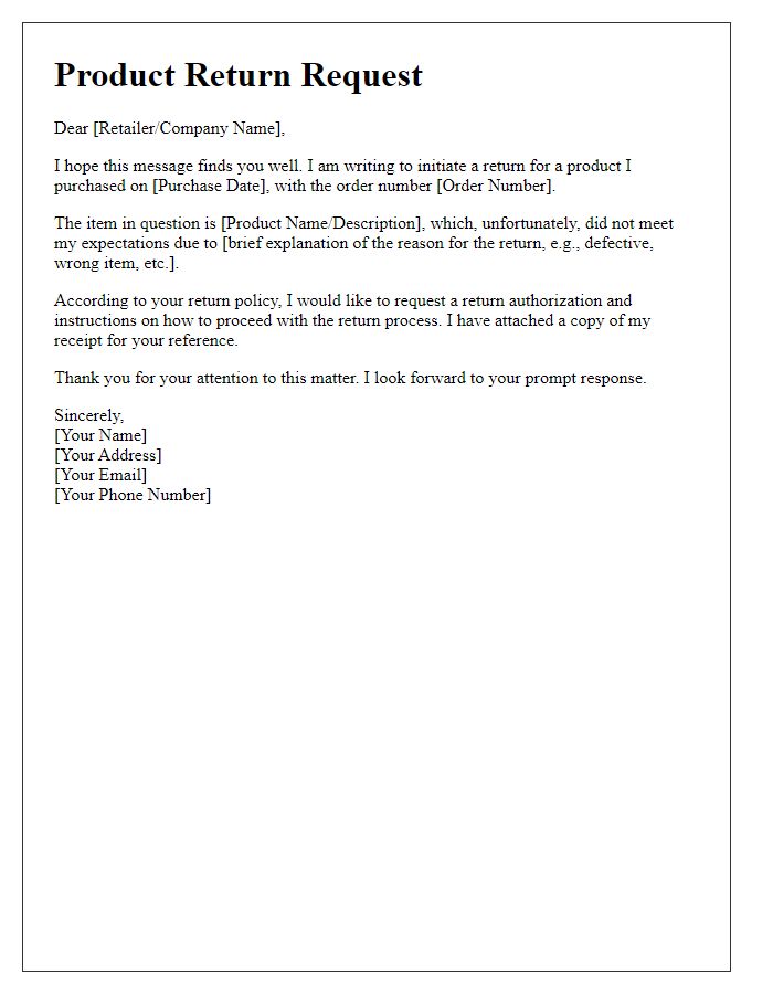 Letter template of how to initiate a product return.