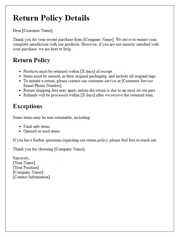 Letter template of return policy details.