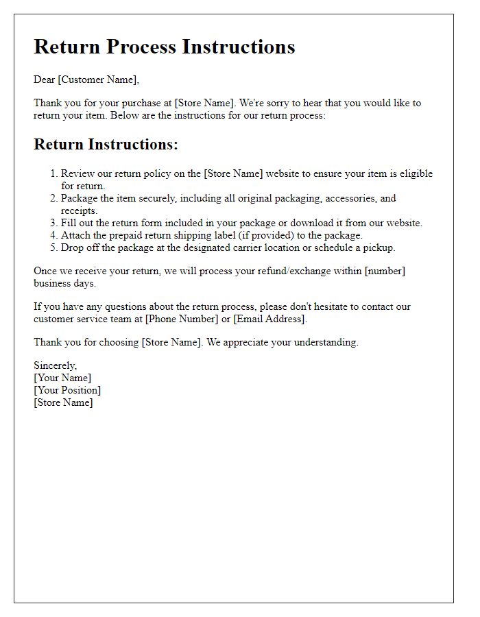 Letter template of return process instructions.