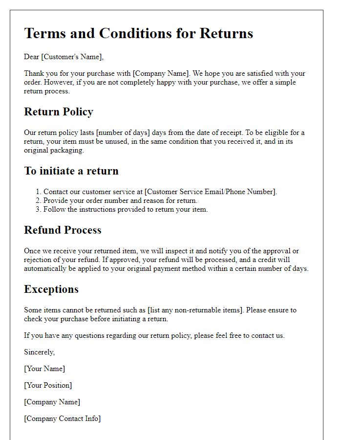 Letter template of terms and conditions for returns.