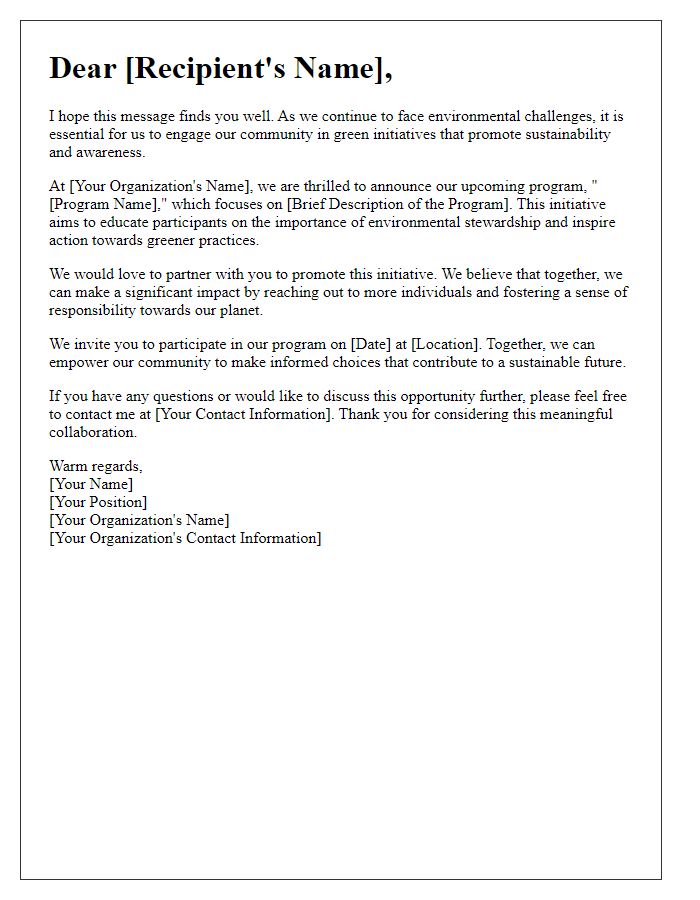 Letter template of educational outreach for promoting green initiatives.