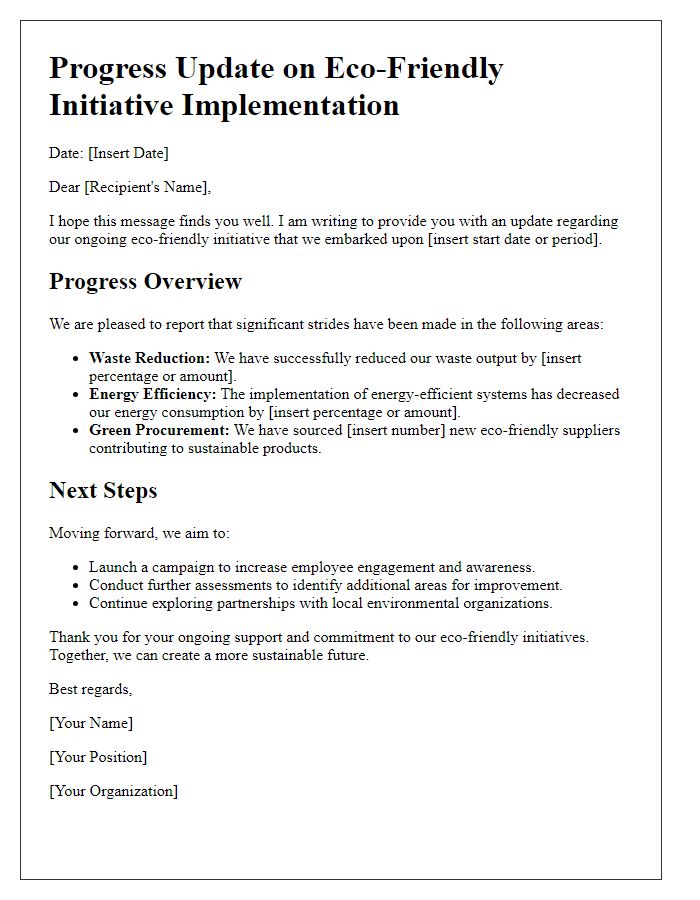 Letter template of progress update on eco-friendly initiative implementation.