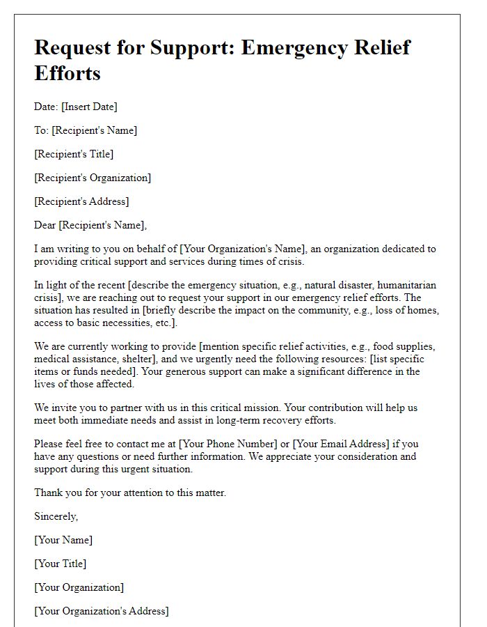 Letter template of support request for emergency relief efforts