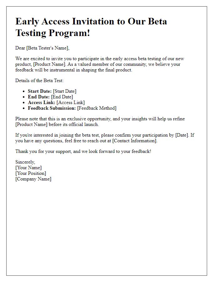 Letter template of early access invitation for beta testers